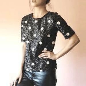 J.Crew Women Black & White Polka Dot Sequins Cotton Short Sleeve Blouse Medium